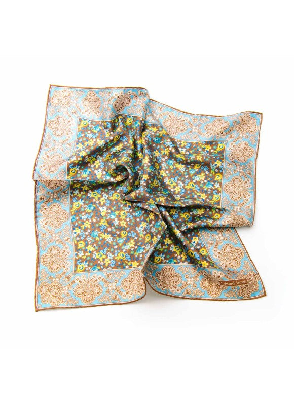 Brown/Powder Blue/Yellow Floral Print Pocket Square