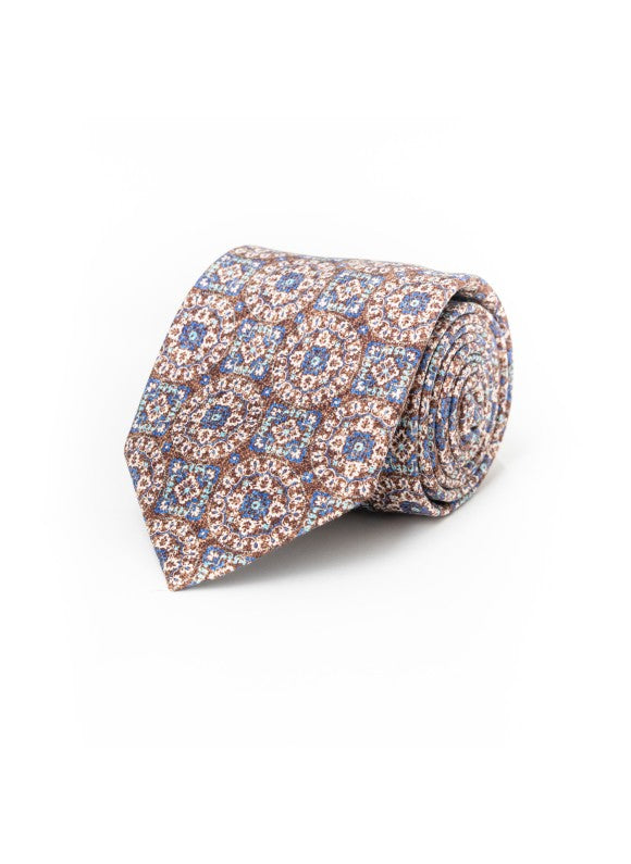 Brown/Blue MedallionsSilk Shappe Diamante Print Tie