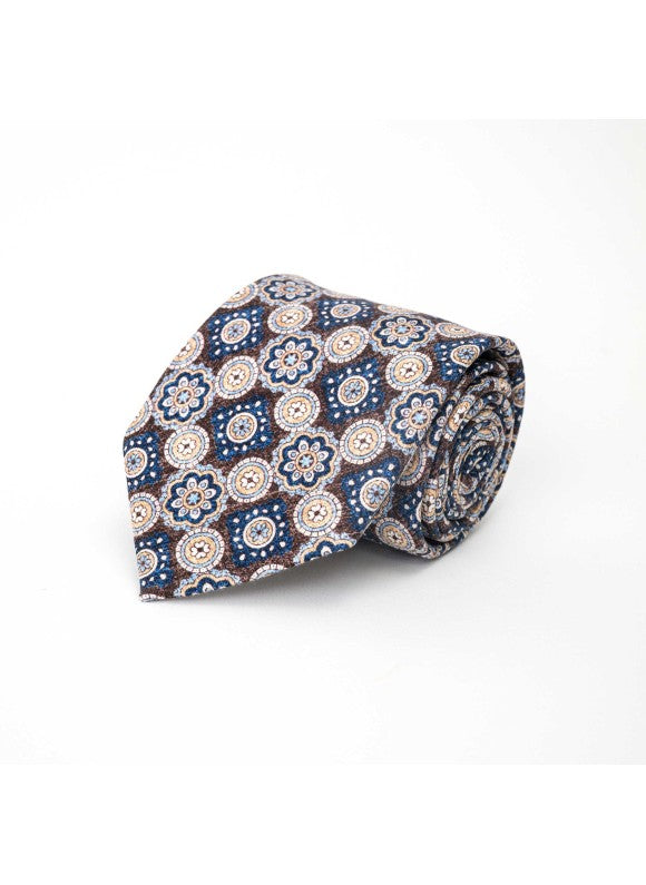 Brown/Blue Assorted Medallion Neat Diamante Print Tie