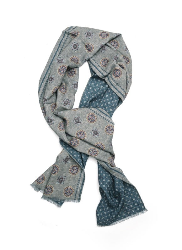 Grey/Denim Medallion/Neat Reversible Wool Scarf