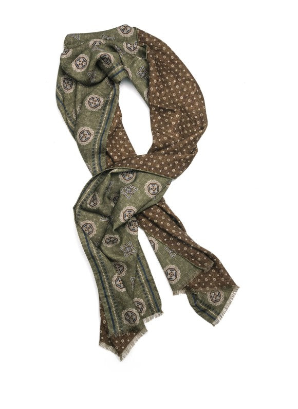 Olive/Brown Medallion/Neat Reversible Wool Scarf