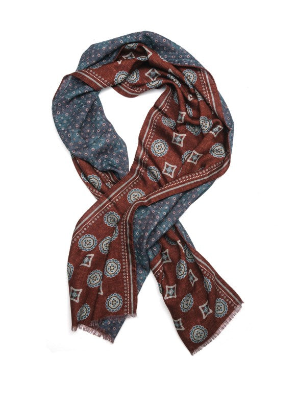 Maroon/Denim Medallion/Neat Reversible Wool Scarf