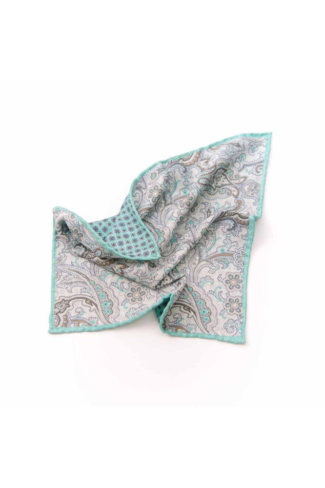 Turq/Grey Exploded Paisley/Neat Print Reversible Pocket Square