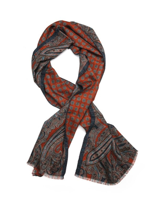 Red Exploded Paisley/Geo Neat Reversible Wool Scarf