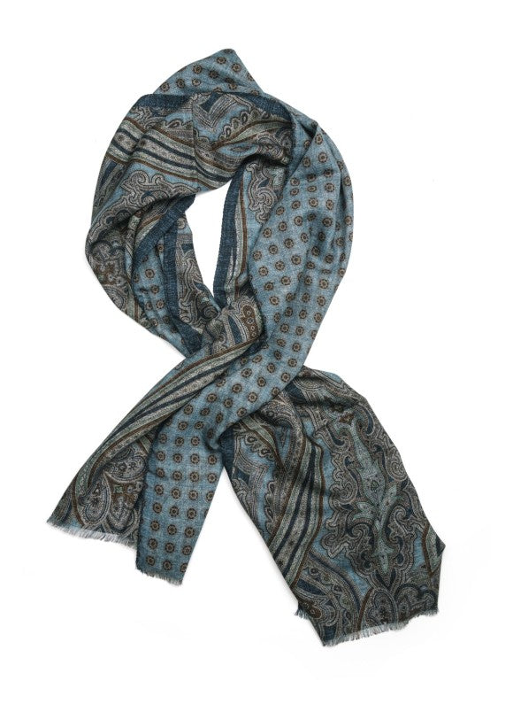 Blue Exploded Paisley/Geo Neat Reversible Wool Scarf
