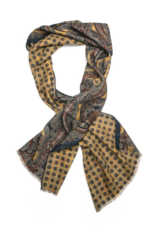 Yellow Exploded Paisley/Geo Neat Reversible Wool Scarf