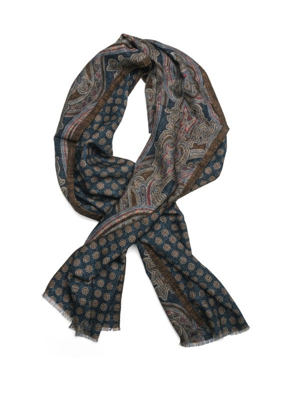 Denim Exploded Paisley/Geo Neat Reversible Wool Scarf