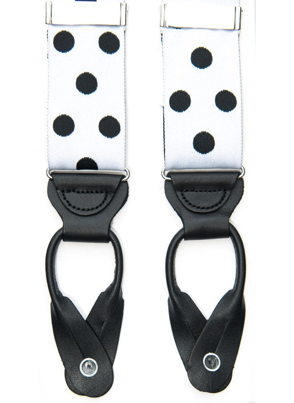 White/Black Polka Dots - Non Stretch Ribbon Suspenders With All -Leather Button Tabs, Nickel Hardware, Nickel Fittings
