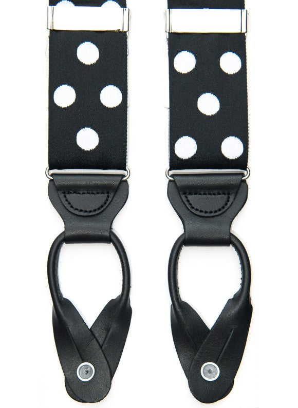 Black/White Polka Dots - Non Stretch Ribbon Suspenders With All -Leather Button Tabs, Nickel Hardware, Nickel Fittings