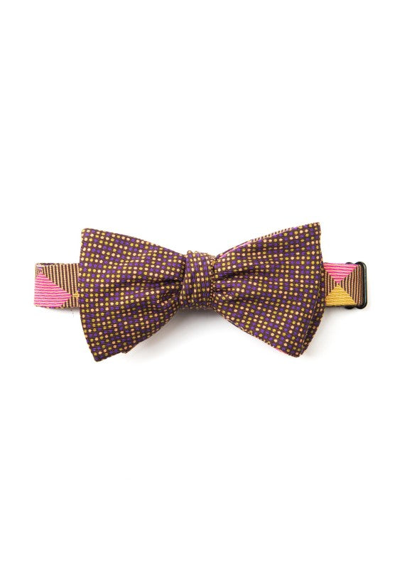 Mustard/Olive/Violet Checker/Dots Reversible Bow Tie