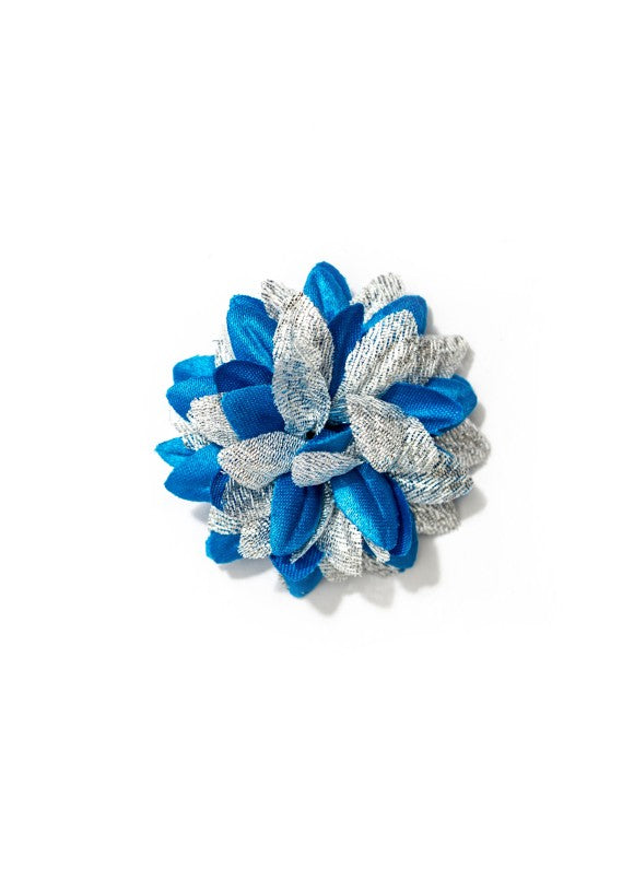 Bright Blue/Shiny Silver Daisy Silk Lapel Flower