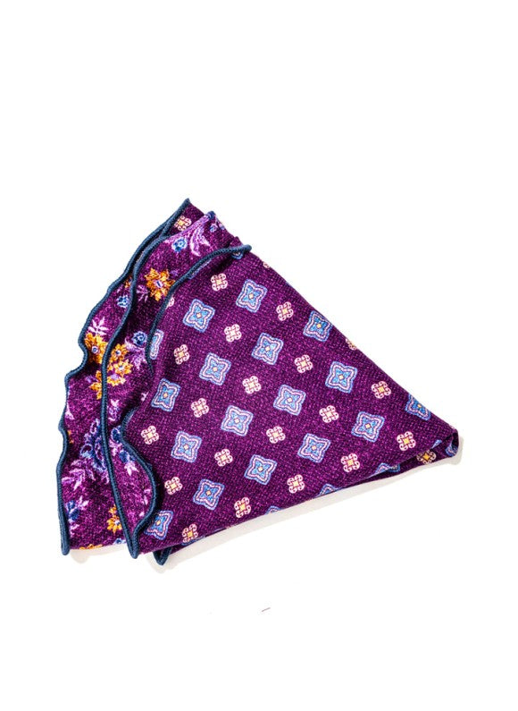 Dk. Magenta/Blue Floral/Quatrefoil Neat Print Silk Shappe Diamante Reversible Pocket Circle