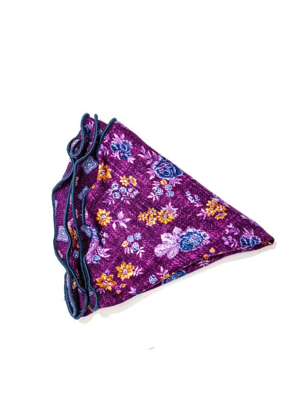 Dk. Magenta/Blue Floral/Quatrefoil Neat Print Silk Shappe Diamante Reversible Pocket Circle