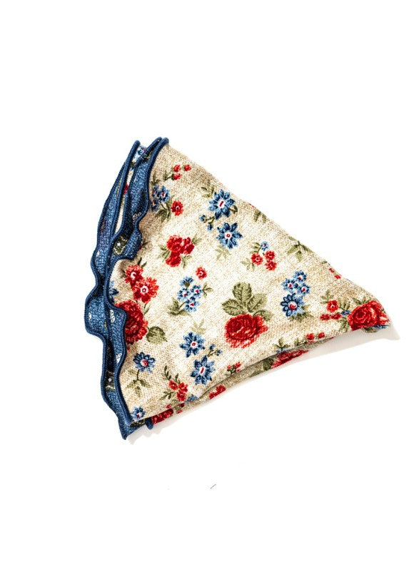 Tan/Red Floral/Quatrefoil Neat Print Silk Shappe Diamante Reversible Pocket Circle
