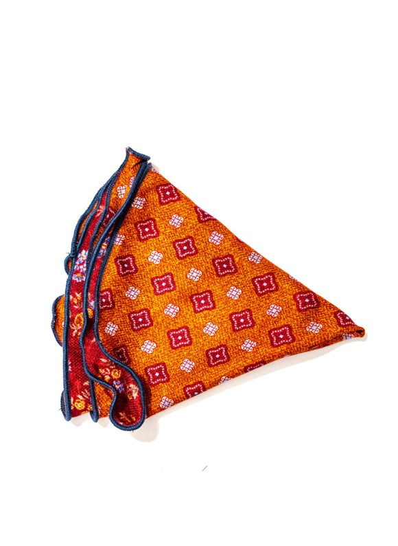 Red/Marigold Floral/Quatrefoil Neat Print Silk Shappe Diamante Reversible Pocket Circle