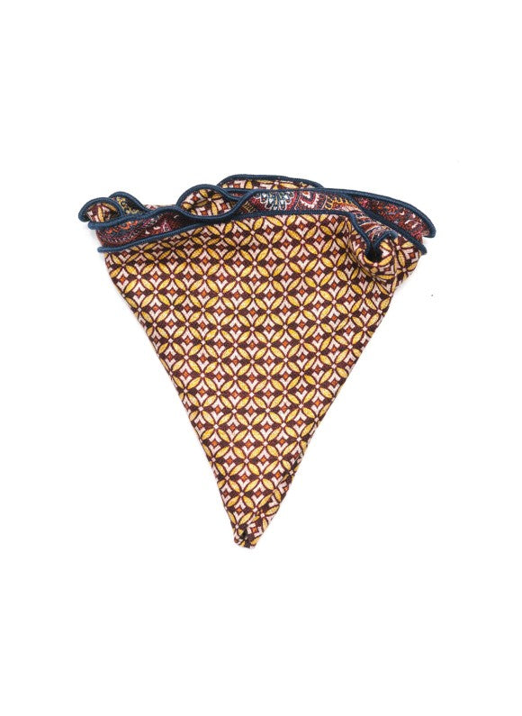 Brick/Marigold Exploded Paisley/Geo Print Silk Shappe Diamante Reversible Pocket Circle