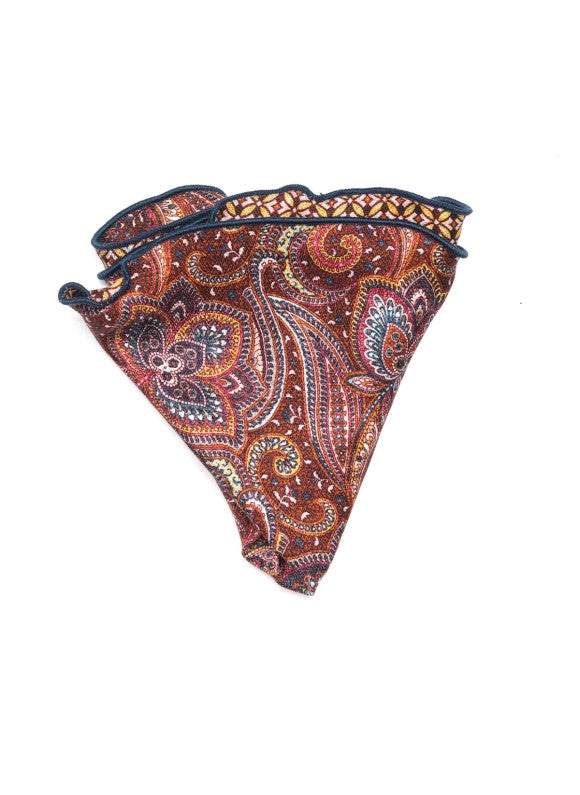 Brick/Marigold Exploded Paisley/Geo Print Silk Shappe Diamante Reversible Pocket Circle