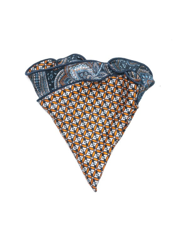 Denim/Orange Exploded Paisley/Geo Print Silk Shappe Diamante Reversible Pocket Circle