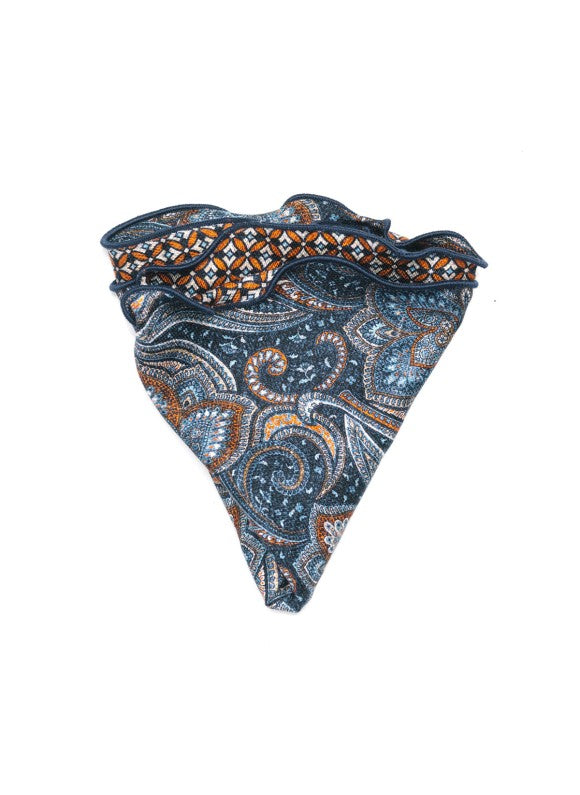 Denim/Orange Exploded Paisley/Geo Print Silk Shappe Diamante Reversible Pocket Circle