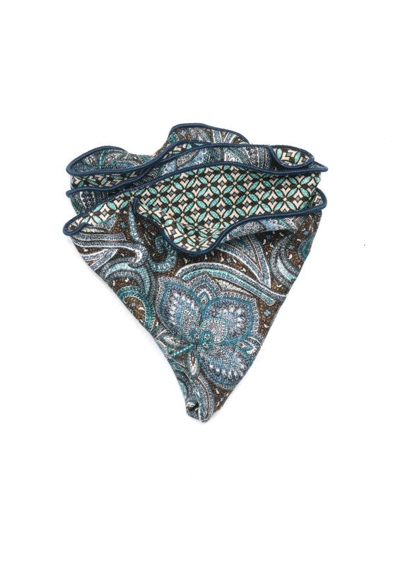 Brown/Mint Exploded Paisley/Geo Print Silk Shappe Diamante Reversible Pocket Circle