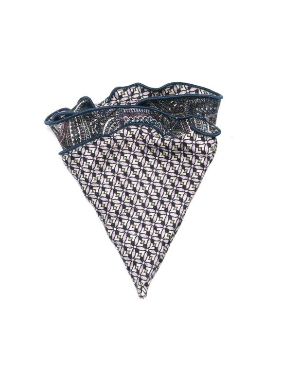 Charcoal/Purple Exploded Paisley/Geo Print Silk Shappe Diamante Reversible Pocket Circle