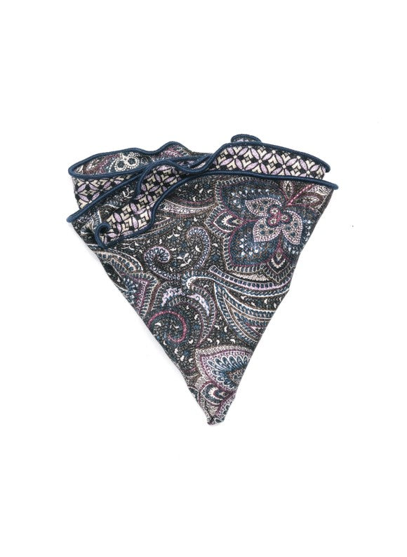 Charcoal/Purple Exploded Paisley/Geo Print Silk Shappe Diamante Reversible Pocket Circle