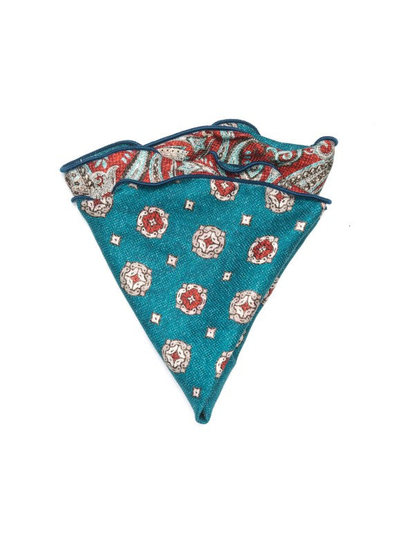 Red/Teal Paisley/Medallions Print Silk Shappe Diamante Reversible Pocket Circle