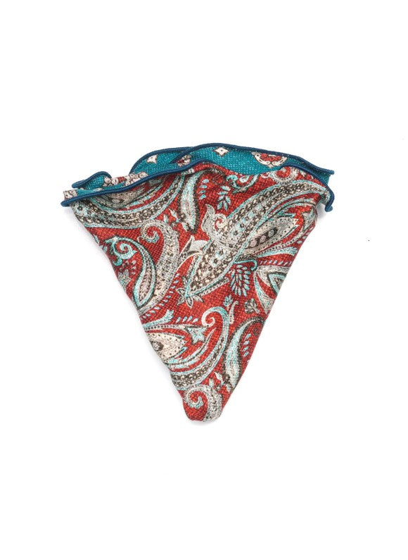Red/Teal Paisley/Medallions Print Silk Shappe Diamante Reversible Pocket Circle