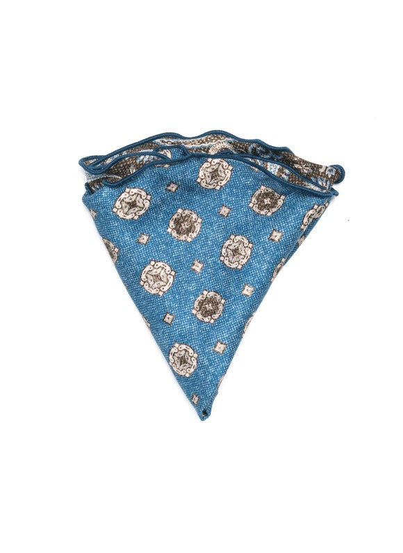 Brown/Blue Exploded Paisley/Medallions Print Silk Shappe Diamante Reversible Pocket Circle