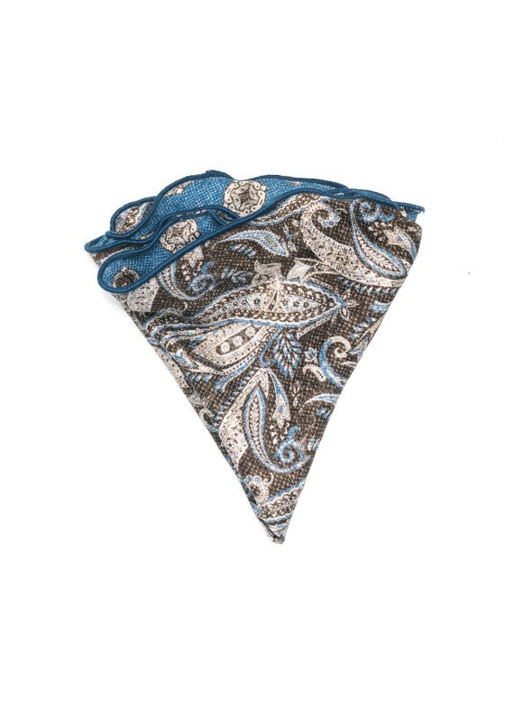 Brown/Blue Exploded Paisley/Medallions Print Silk Shappe Diamante Reversible Pocket Circle