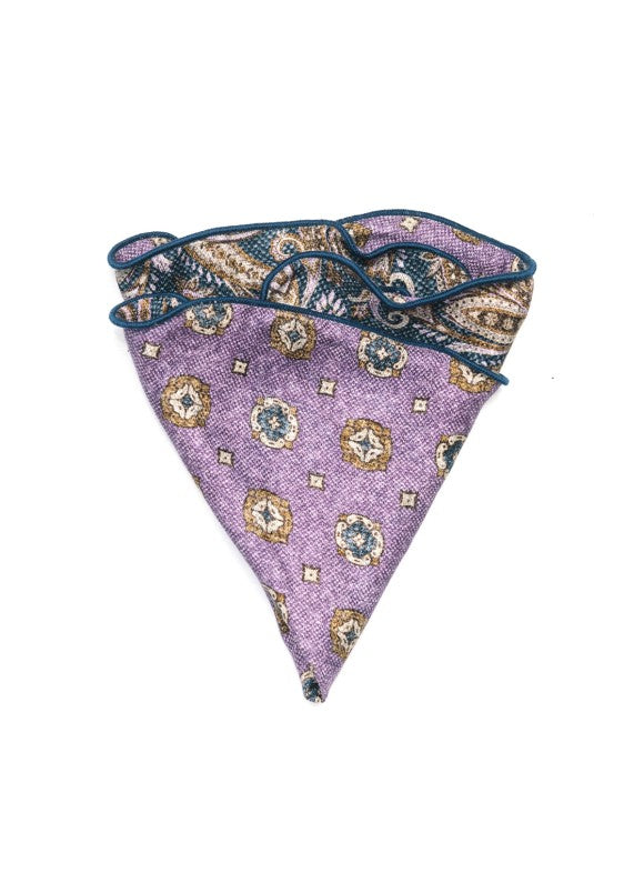 Brown/Purple Exploded Paisley/Medallions Print Silk Shappe Diamante Reversible Pocket Circle
