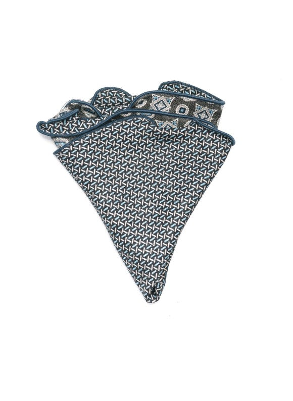 Charcoal/Navy Foulard/Chain Links Print Silk Shappe Diamante Reversible Pocket Circle