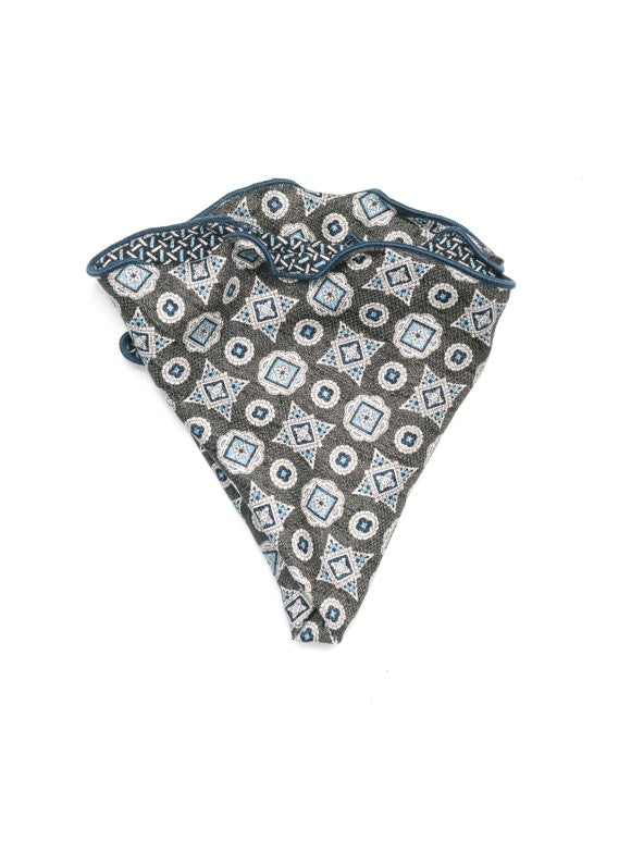 Charcoal/Navy Foulard/Chain Links Print Silk Shappe Diamante Reversible Pocket Circle