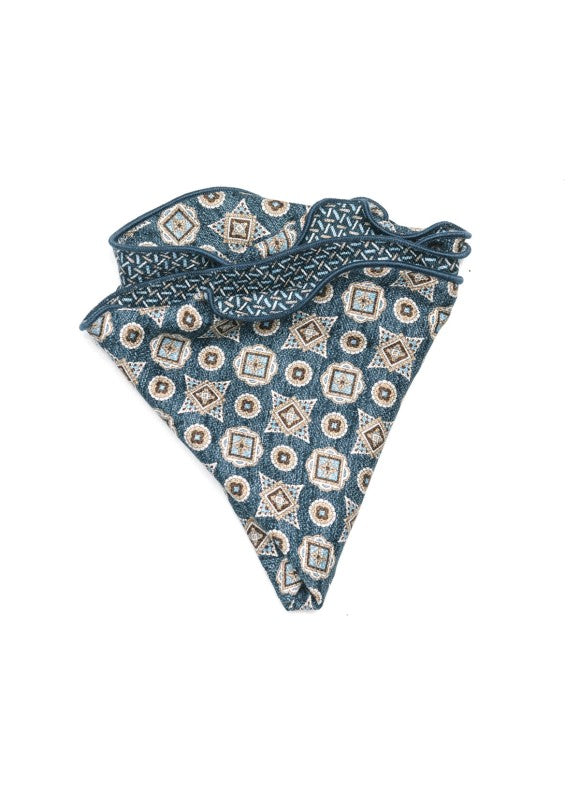 Denim/Navy Foulard/Chain Links Print Silk Shappe Diamante Reversible Pocket Circle