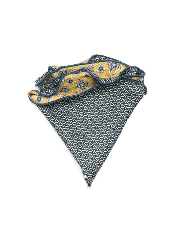 Mustard/Navy Foulard/Chain Links Print Silk Shappe Diamante Reversible Pocket Circle