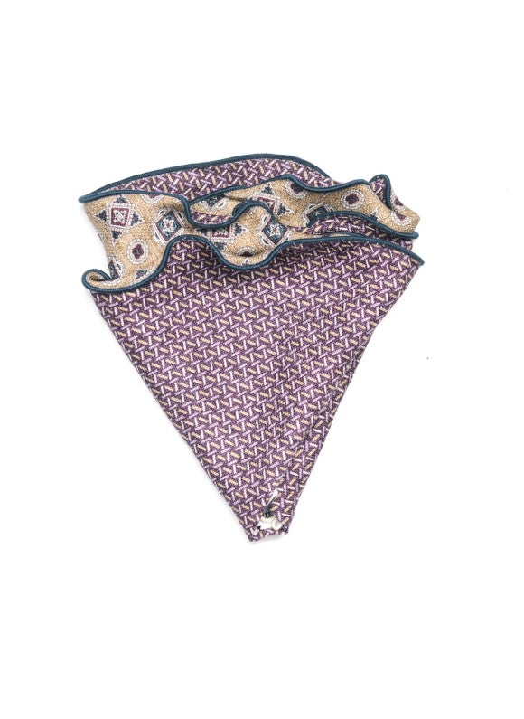 Tan/Purple Foulard/Chain Links Print Silk Shappe Diamante Reversible Pocket Circle