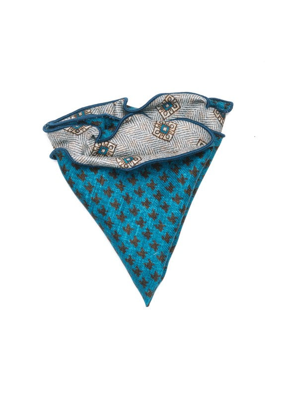 Deep Sky Foulard/Houndstooth Print Silk Shappe Diamante Reversible Pocket Circle