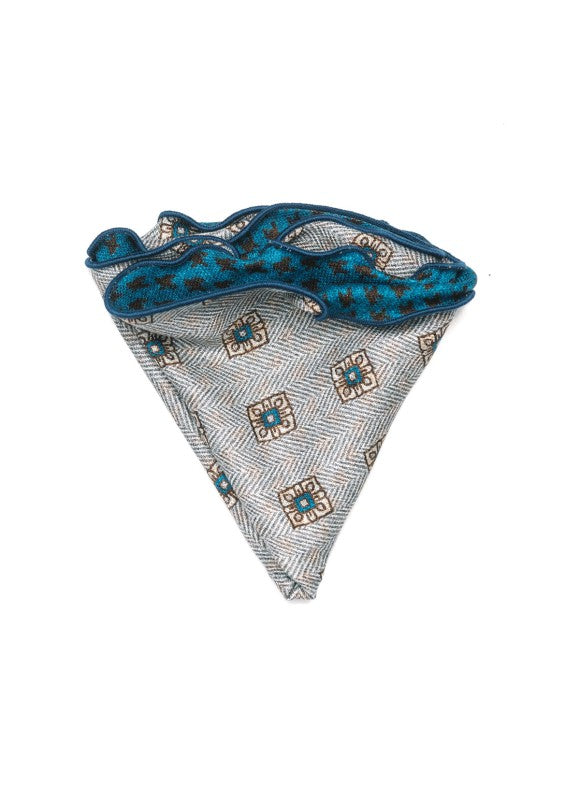 Deep Sky Foulard/Houndstooth Print Silk Shappe Diamante Reversible Pocket Circle
