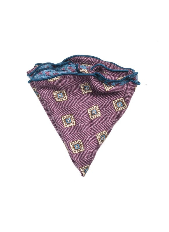 Grape Foulard/Houndstooth Print Silk Shappe Diamante Reversible Pocket Circle