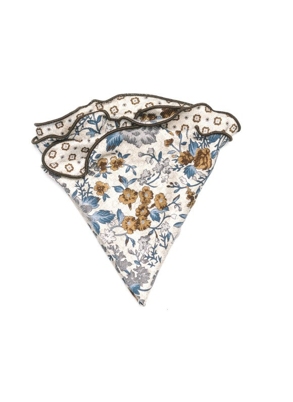 Beige Floral/Neat Print Silk Shappe Diamante Reversible Pocket Circle