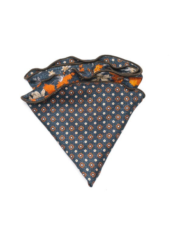 Denim Floral/Neat Print Silk Shappe Diamante Reversible Pocket Circle