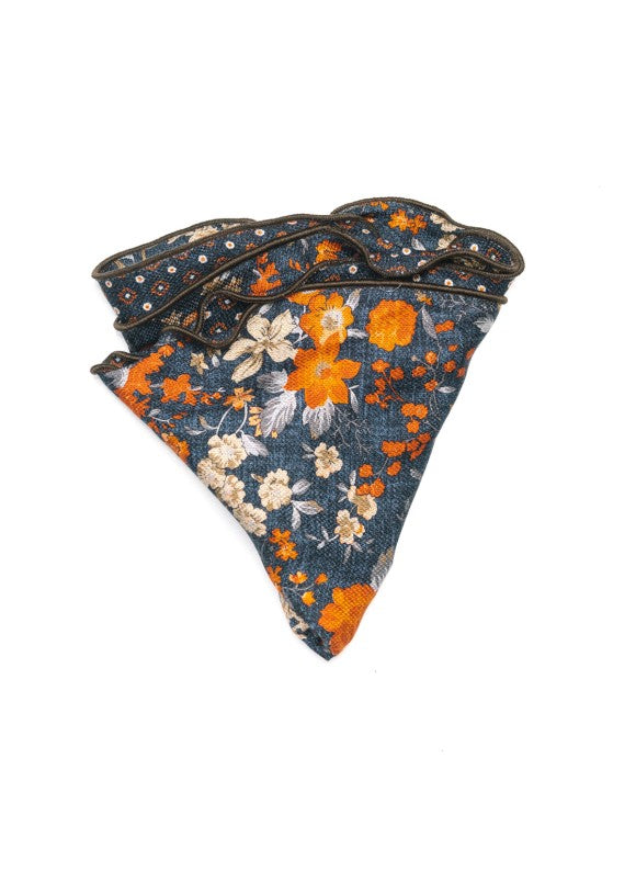 Denim Floral/Neat Print Silk Shappe Diamante Reversible Pocket Circle