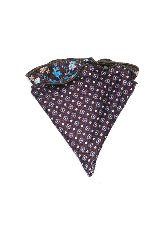 Plum Floral/Neat Print Silk Shappe Diamante Reversible Pocket Circle