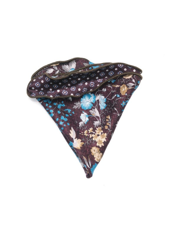 Plum Floral/Neat Print Silk Shappe Diamante Reversible Pocket Circle