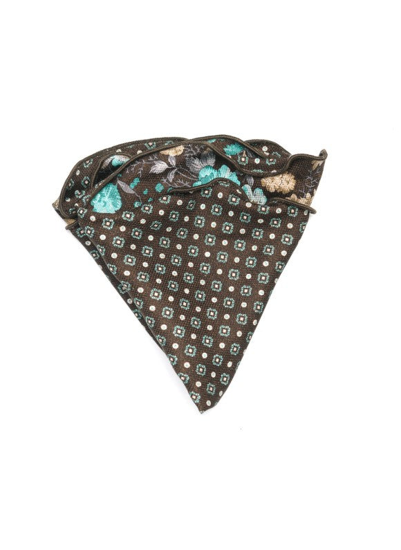 Brown Floral/Neat Print Silk Shappe Diamante Reversible Pocket Circle