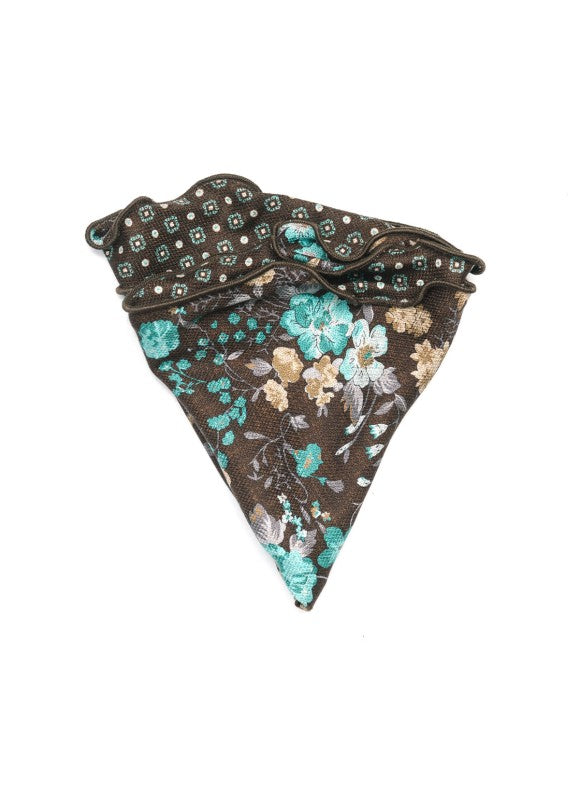 Brown Floral/Neat Print Silk Shappe Diamante Reversible Pocket Circle
