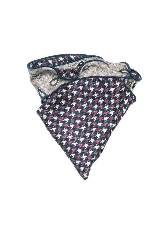 Grey Mini Paisley/Houndstooth Print Silk Shappe Diamante Reversible Pocket Circle
