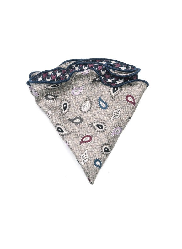 Grey Mini Paisley/Houndstooth Print Silk Shappe Diamante Reversible Pocket Circle