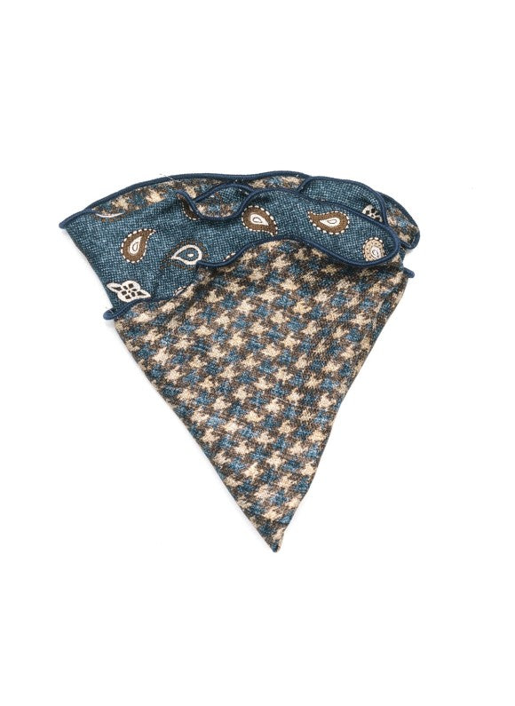 Denim Mini Paisley/Houndstooth Print Silk Shappe Diamante Reversible Pocket Circle