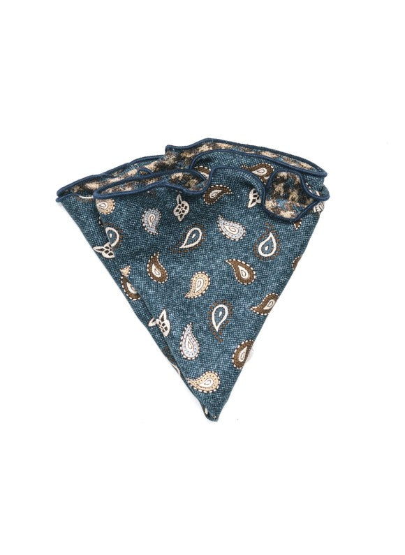 Denim Mini Paisley/Houndstooth Print Silk Shappe Diamante Reversible Pocket Circle